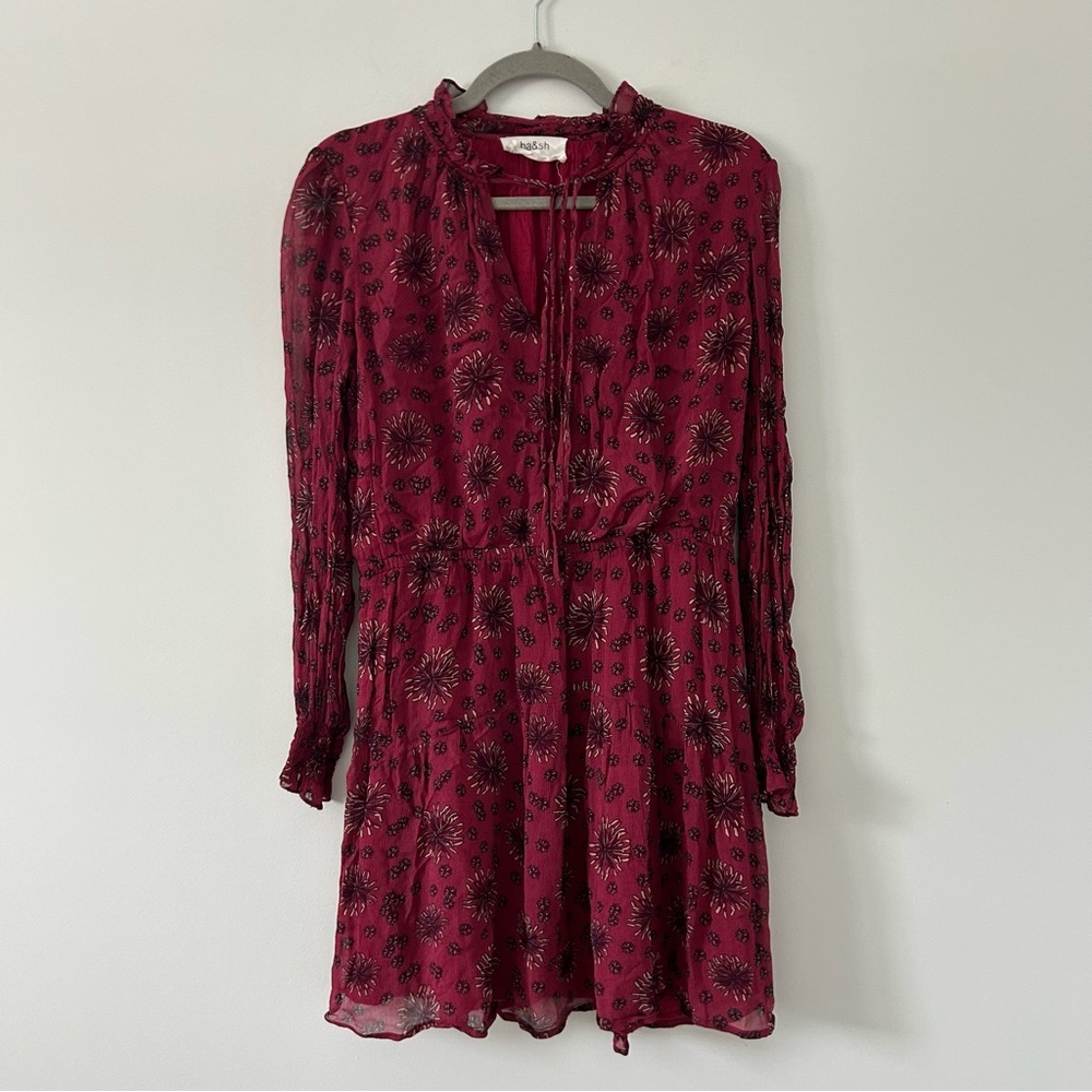 ba&sh Gizel Burgundy Tie Neck Viscose Long Sleeve Floral Mini Dress 3 Large
